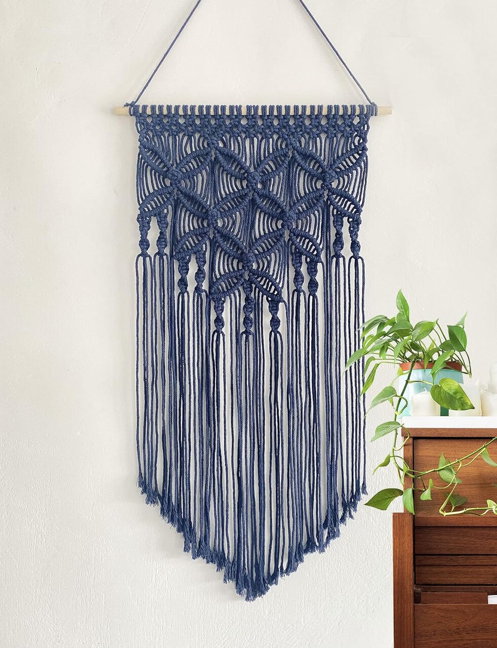Handmade Cotton Macrame Wall Hanging Navy Boho Wall Decor for Home, Bedroom, Living Room, or Office
